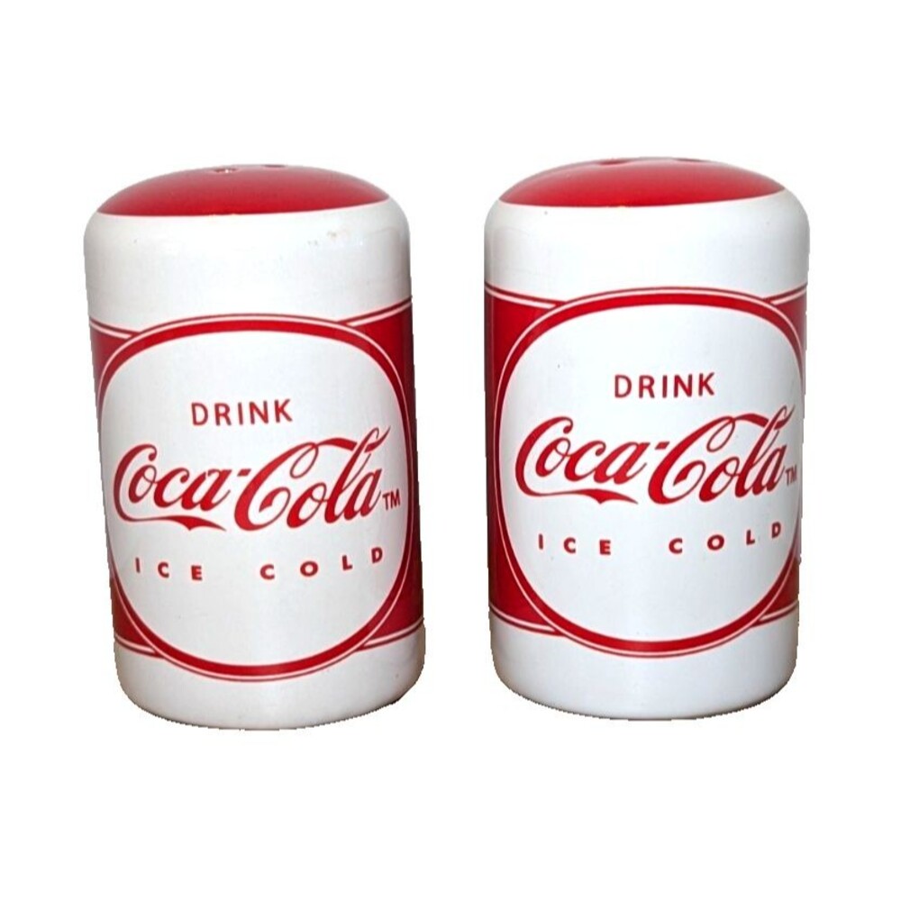 Drink Coca-Cola Salt and Pepper Shakers Set Red White Ceramic Rubber Stopper NEW